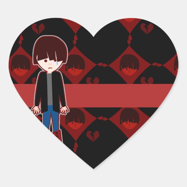 Sad Lonely Emo Boy Heart Sticker (Front)