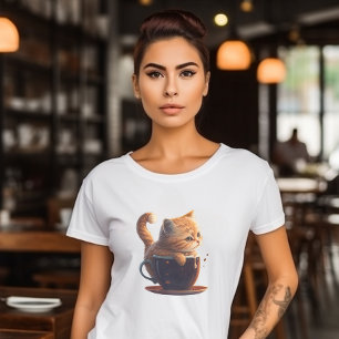 Sad Orange Tabby Cat in Coffee Cup Graphic  T-Shirt