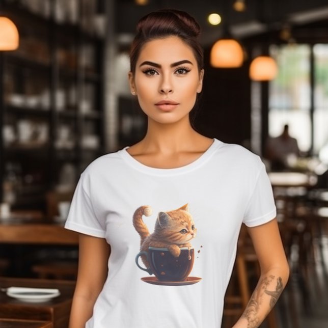 Sad Orange Tabby Cat in Coffee Cup Graphic  T-Shirt (Creator Uploaded)