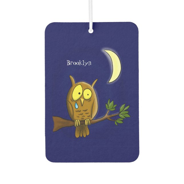 Sad owl with tear and moon missing you cartoon  car air freshener (Front)