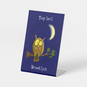 Sad owl with tear and moon missing you cartoon  pedestal sign