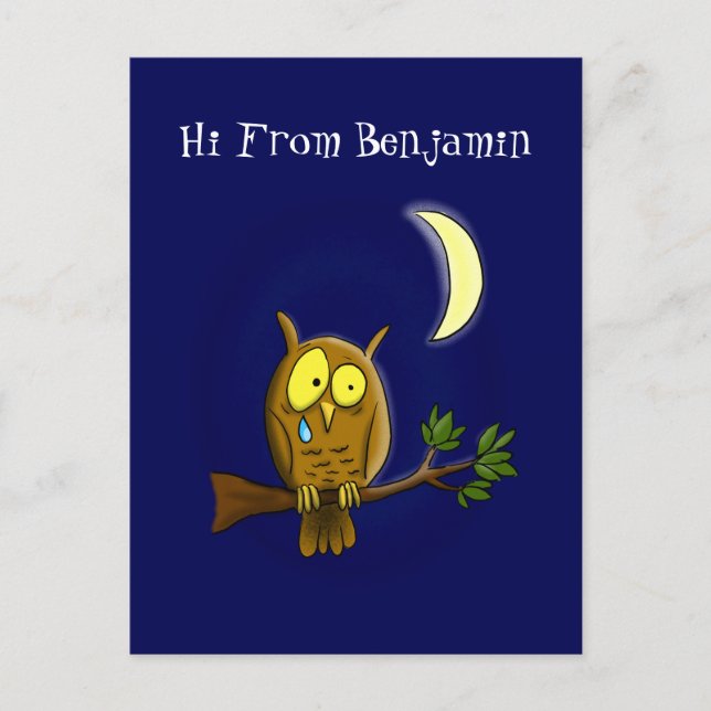 Sad owl with tear and moon missing you cartoon postcard (Front)
