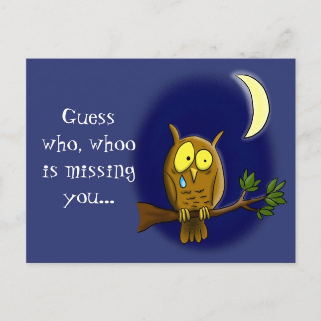 Sad owl with tear and moon missing you cartoon postcard (Front)