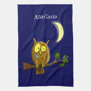 Sad owl with tear and moon missing you cartoon tea towel