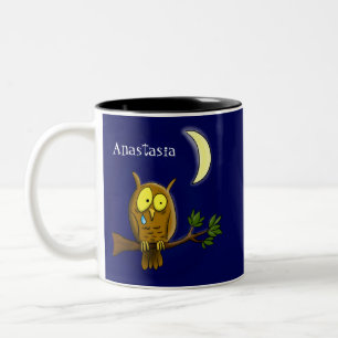 Sad owl with tear and moon missing you cartoon Two-Tone coffee mug