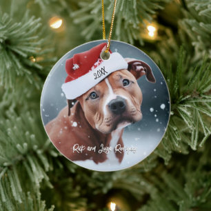 Sad Pit Bull with Santa Hat Christmas Ceramic Ornament