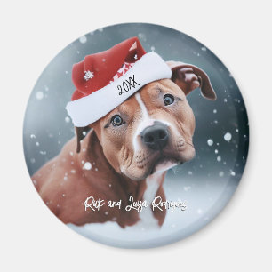 Sad Pit Bull with Santa Hat Christmas Magnet