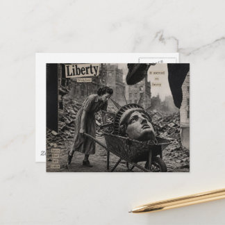 Sad Statue of Liberty in Wheelbarrow B&W Collage Postcard
