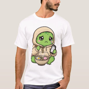 Sad Turtle Eating Ramen & Scrolling Phone Cute Kaw T-Shirt