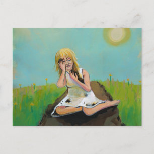 Sad woman finds comfort in soil earth dirt postcard