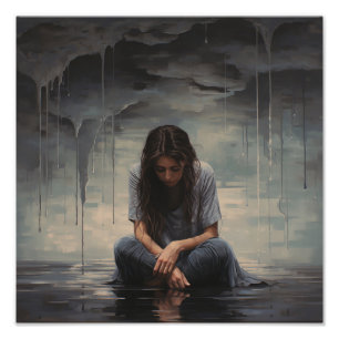 Sad woman sitting on the floor photo print