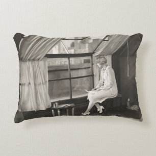 Sad woman staring out window1940s, woman, vintage, decorative cushion