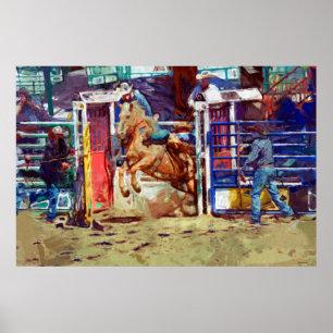 Saddle Bronc Breaking Out of Rodeo Chute w Cowboy Poster