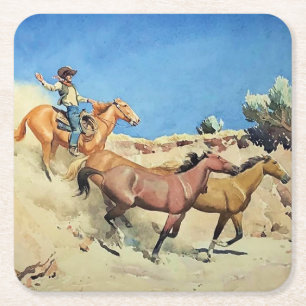 “Saddle Stock” Western Art by Maynard Dixon Square Paper Coaster