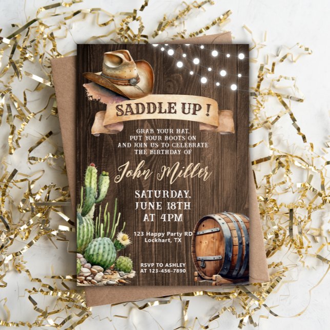 Saddle Up Birthday - Western Cowboy Hat & Cactus Invitation (Creator Uploaded)