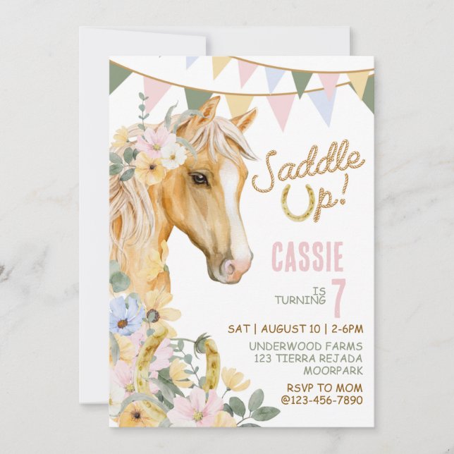 Saddle up, Cowgirl Birthday, Rodeo, Horse Birthday Invitation (Front)