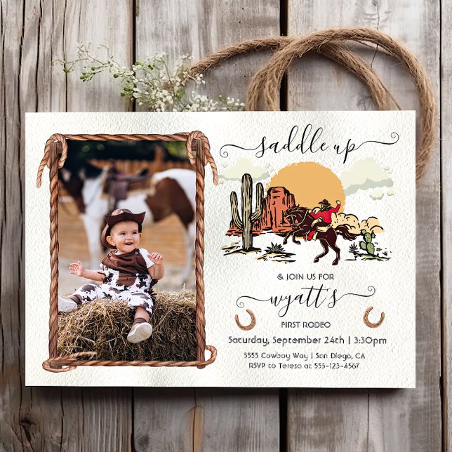 Saddle up First Rodeo Cowboy Photo Birthday Party Invitation (Creator Uploaded)