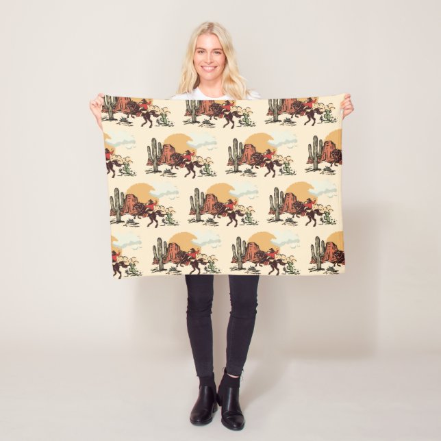 Saddle up First Rodeo Cowboy Retro Woodcut Fleece Blanket (In Situ)