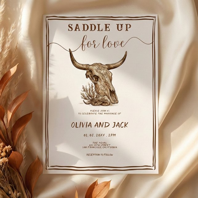 Saddle Up for Love Western Ranch Cow Skull Wedding Invitation (Creator Uploaded)