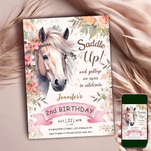 Saddle Up Pony Horse Birthday Girl Floral Pink Invitation