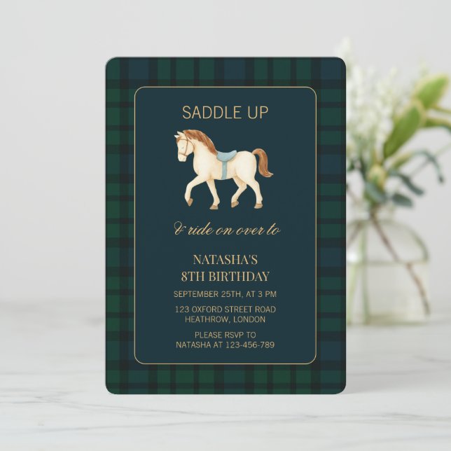 Saddle Up Preppy Horse Birthday  Invitation (Standing Front)