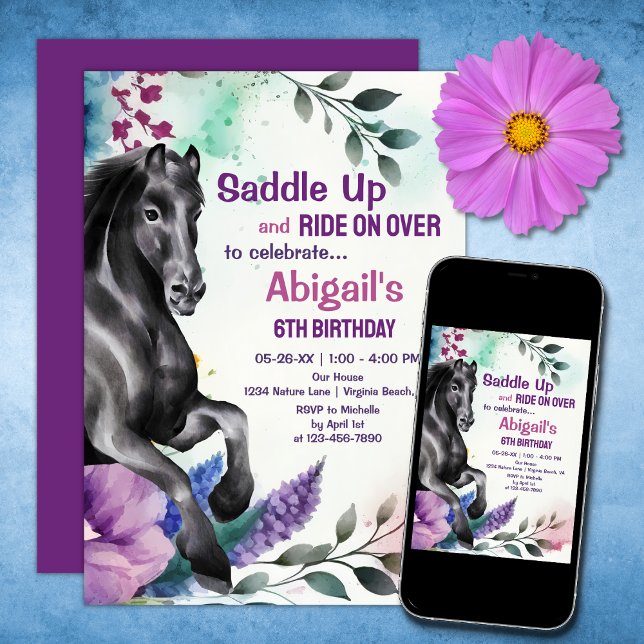 Saddle Up Pretty Black Horse and Flowers Birthday Invitation (Creator Uploaded)