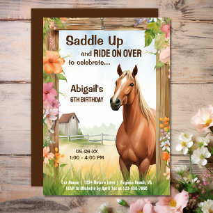 Saddle Up Pretty Horse and Flowers Birthday Invitation