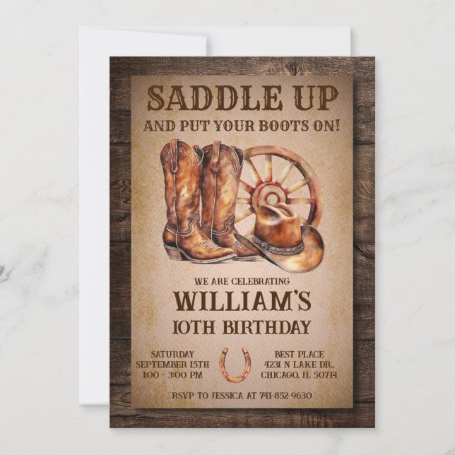 Saddle Up Rustic Western Birthday Party Invitation (Front)