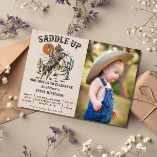 Saddle Up Western 1st Birthday Party Photo Invitation