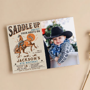 Saddle Up Western Rodeo Cowboy Birthday Photo Invitation