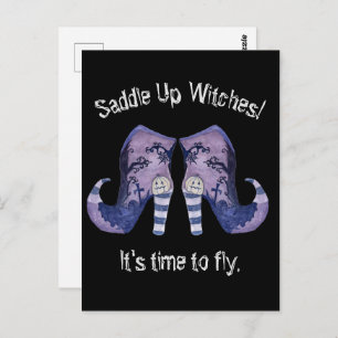 Saddle Up Witches Halloween Illustrated Boots Postcard