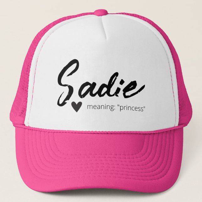 Sadie Name Reveal Meaning Minimal Modern Text Trucker Hat (Front)