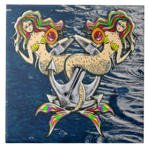 Sadly mermaids at anchor ceramic tile