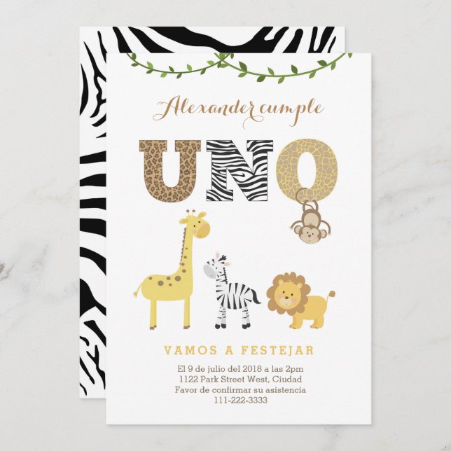 Safari 1st Birthday Invite in Spanish, 1er cumple (Front/Back)
