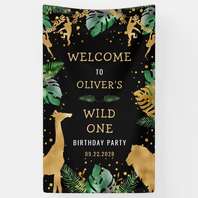 Safari 1st Birthday Party Green Gold Black Welcome Banner (Vertical)