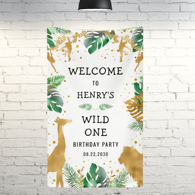 Safari 1st Birthday Party Green Gold Welcome Banner (Creator Uploaded)