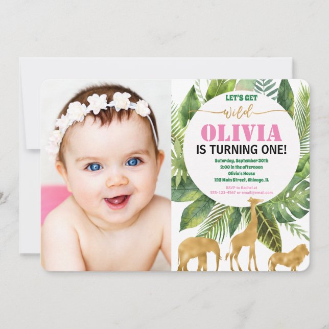 Safari 1st birthday photo invitation girl wild one (Front)
