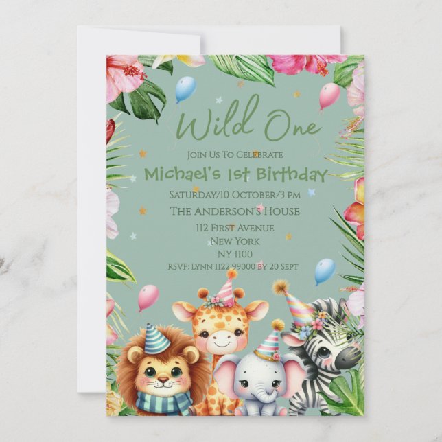 Safari 1st Birthday Wild One Floral Kids Birthday Invitation (Front)
