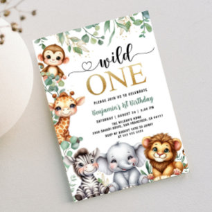 Safari 1st Birthday Wild One   Gold Jungle Animals Invitation