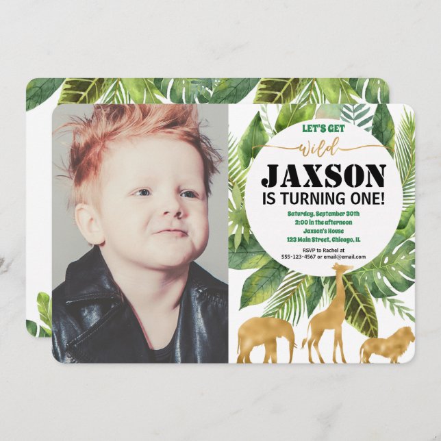 Safari 1st first birthday invitation boy photo (Front/Back)