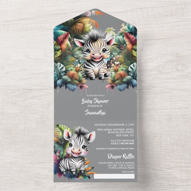 Safari adventure cute zebra jungle greenery zoo  all in one invitation (Inside)