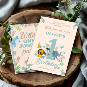 Safari Adventure with Cute Animals 1st birthday Invitation