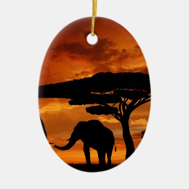 Safari African Baobab tree elephant silhouette Ceramic Ornament (Front)