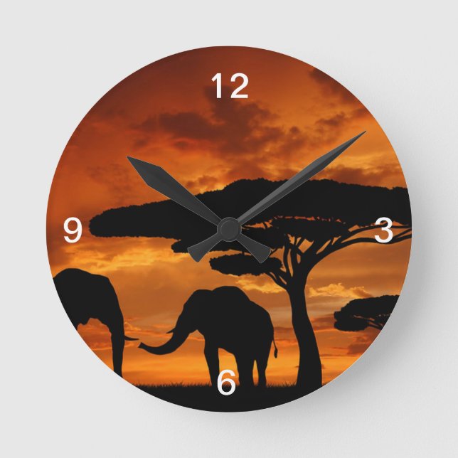 Safari African Baobab tree elephant silhouette Round Clock (Front)