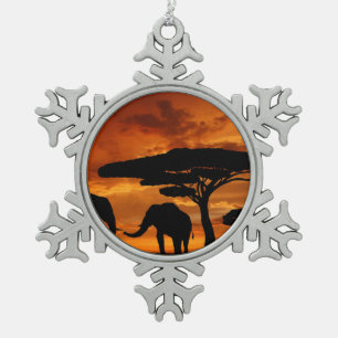 Safari African Baobab tree elephant silhouette Snowflake Pewter Christmas Ornament