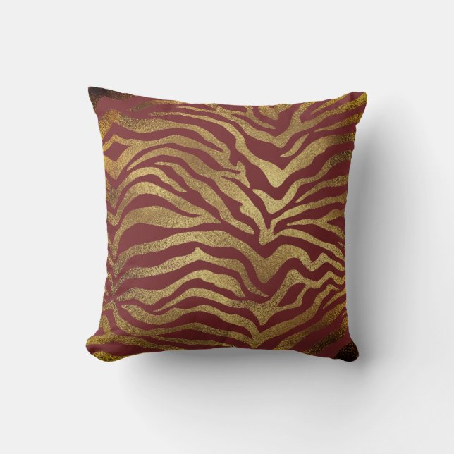 Safari African Gold Glam Zebra Animal Skin Burgund Cushion (Front)