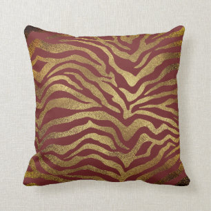 Safari African Gold Glam Zebra Animal Skin Burgund Cushion