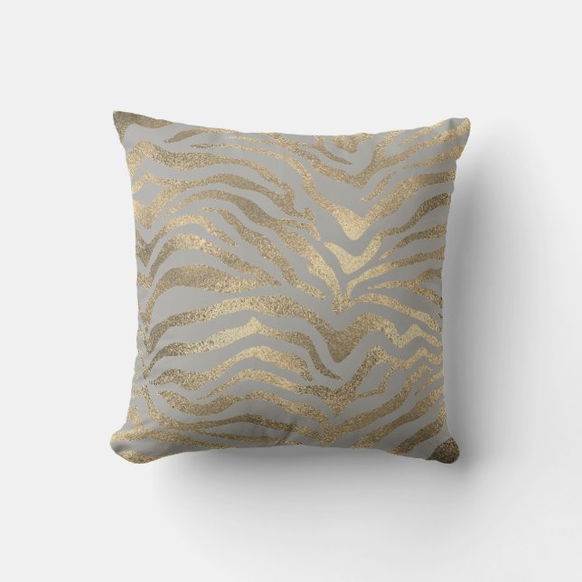 Safari African Gold Glam Zebra Animal Skin Grey Cushion (Front)