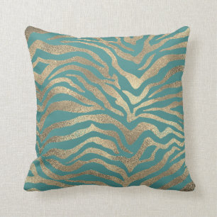 Safari African Gold Glam Zebra Animal Skin Teal Cushion