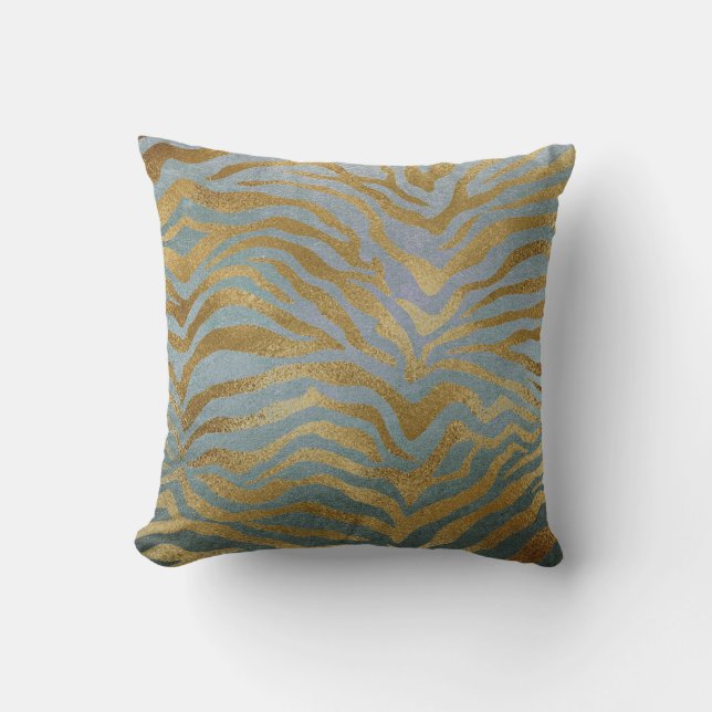 Safari African Teal Gold Glam Zebra Animal Skin Cushion (Front)